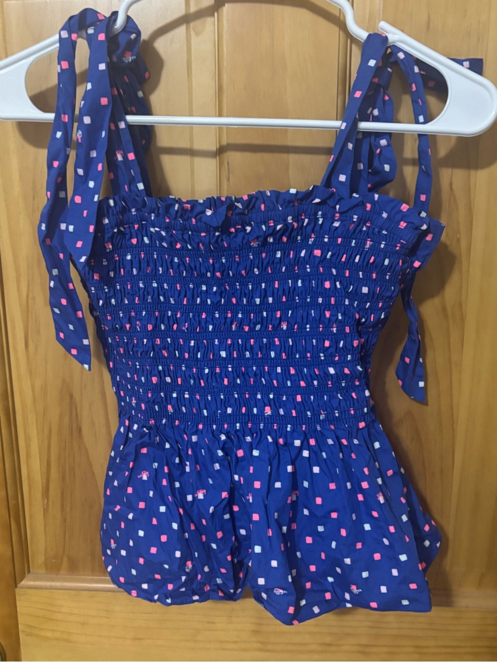 Navy Smocked Top Pink and White Dot Print
